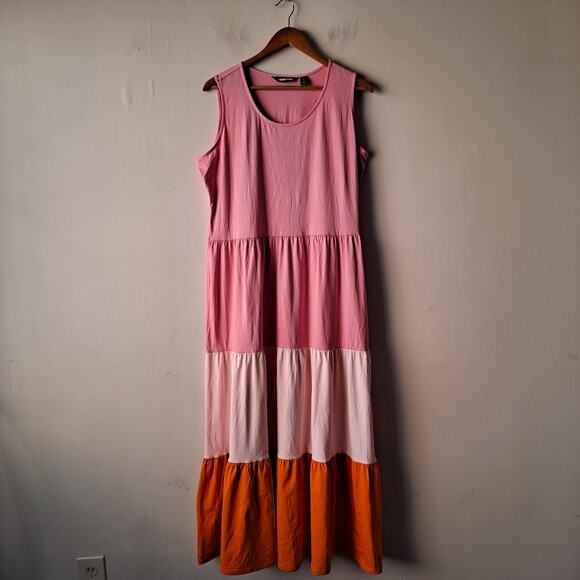 Lands' End Colorblock Tank Dress Sleeveless Tiered Maxi Pink Orange Women Size L - Picture 4 of 13